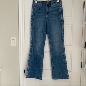 GUESS Blue Logo-Trim Wide Leg Jeans